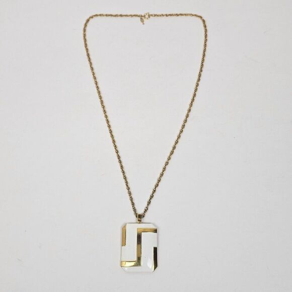 Vintage Modernist White Enamel Gold Tone Signed Crown Trifari Pendant Necklace - Picture 2 of 15